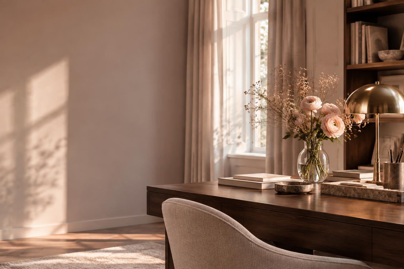 Ruhiger, lichtdurchfluteter Arbeitsplatz mit Blumen und warmen Golddetails